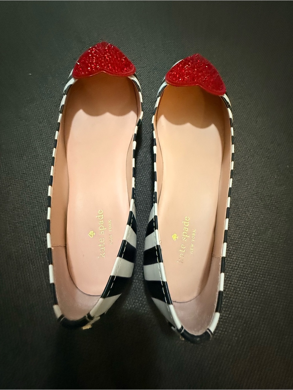 kate spade Black & White Striped Ballet Flats with Red Crystal Heart - Picture 2 of 5